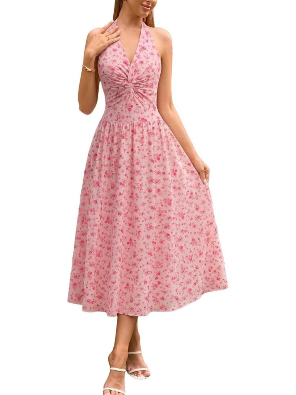 Floral Midi Dress for Women - Backless Halter A-Line Sundress with Pockets